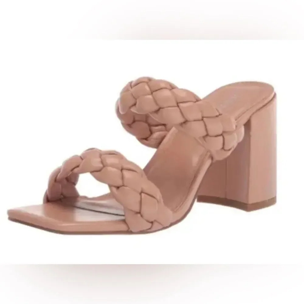 Madden Girl tan faux leather braided strap slip on heeled sandals. Size 8.